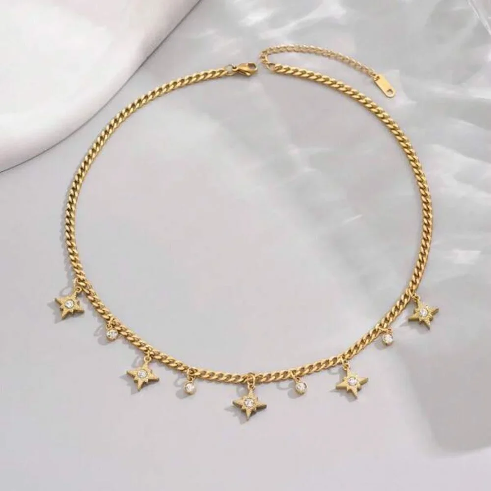 18K Gold Filled Star Charm Necklace with Crystal Accents